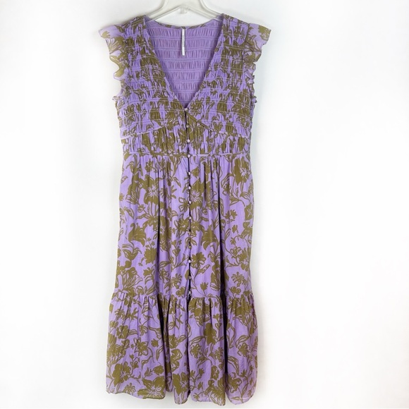 Anthropologie Peregrine Tiered Midi Dress Smocked Cottagecore Large L Purple - Picture 5 of 16